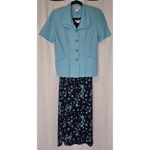 Vtg R&K Original Women Sz 8 Shift Dress Maxi w/Linen Jacket Navy Aqua Floral 90s